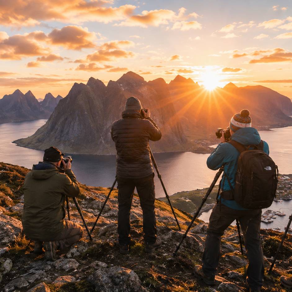 Photographers capturing a mountain landscape at golden hour on a small-group photography adventure