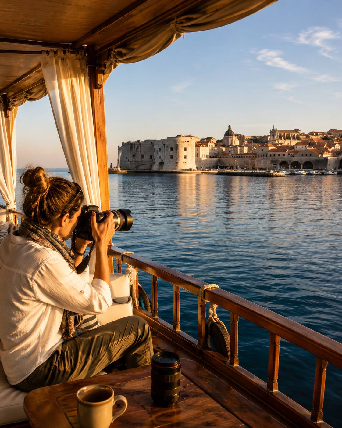 Photographer on a private boat photographing Dubrovnik from the Adriatic Sea in early-morning light