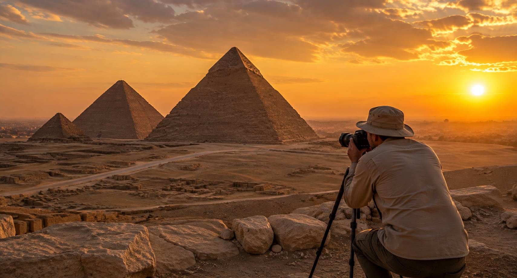 Photographer capturing the Pyramids of Giza at golden hour during an Egypt photography adventure