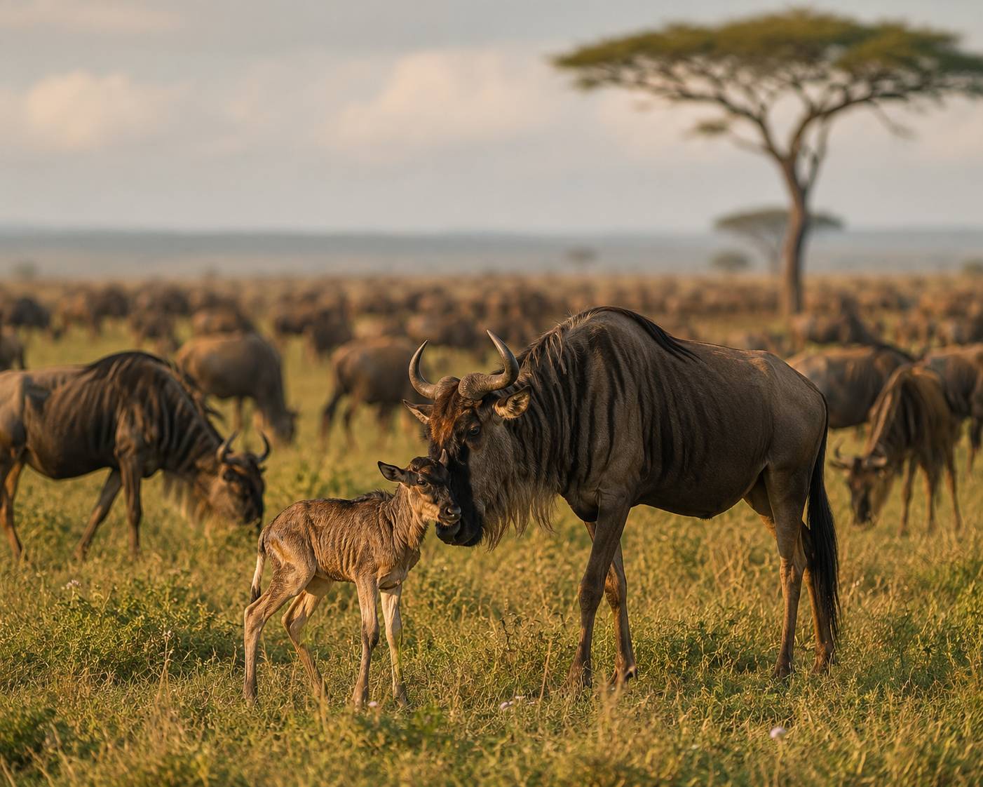 Wildebeest and newborn calf during the Great Migration calving season in Ndutu, Tanzania