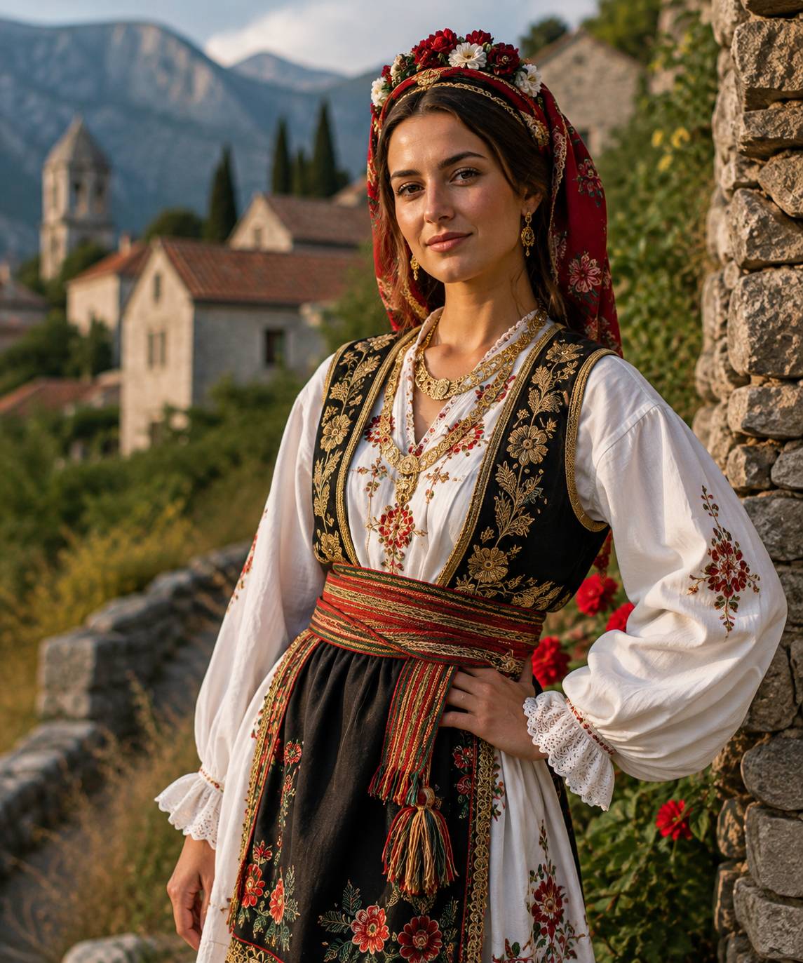 Woman in traditional Croatian attire representing a cultural portrait photography session in Konavle, Croatia