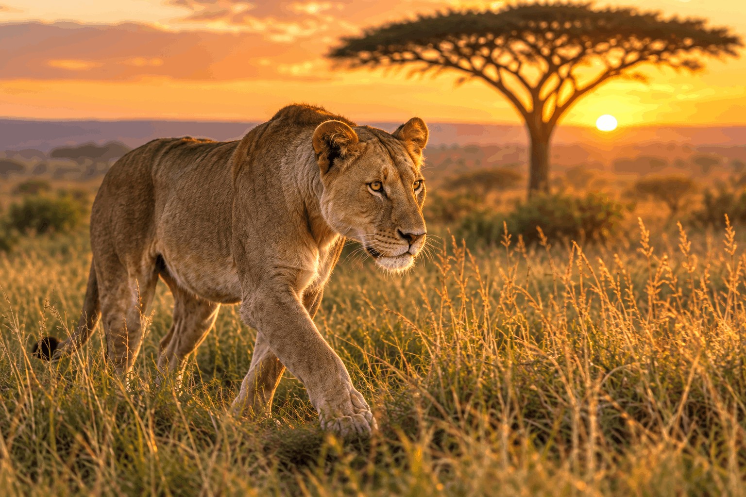Lioness walking through the Serengeti at golden hour on a Tanzania wildlife photography safari