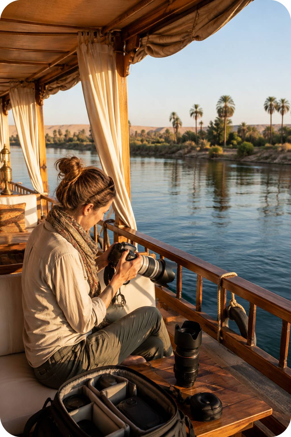 Photographer preparing camera gear aboard a private Dahabiya on the Nile in Egypt
