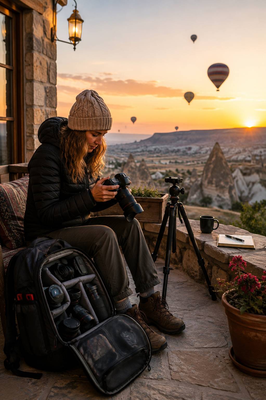 Photographer preparing camera gear for a small-group photography travel adventure